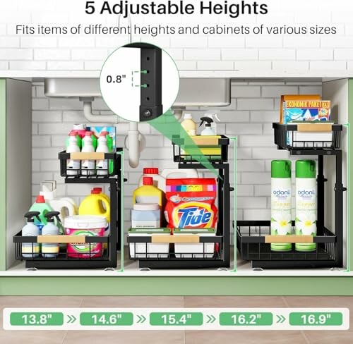 Organisateur de cuisine réglable avec divers produits de nettoyage.