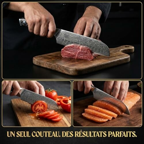 Couteau de chef tranchant viande, tomate et saumon
