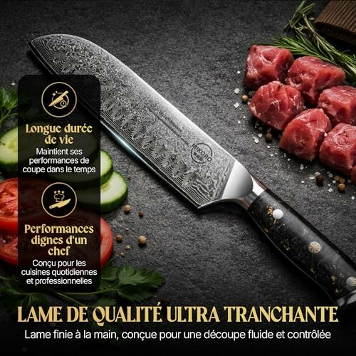 Couteau de cuisine avec légumes et viande.