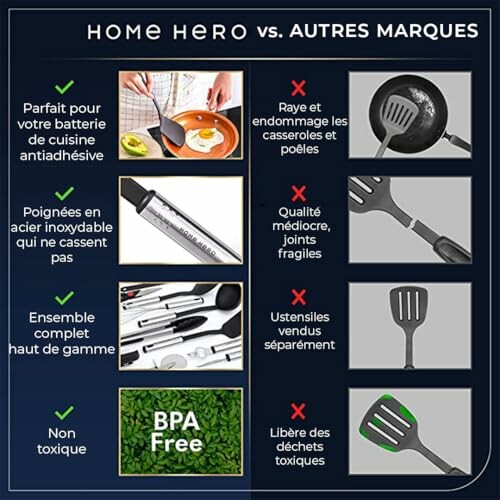 Comparaison des ustensiles de cuisine Home Hero avec d'autres marques, montrant des avantages comme la résistance aux rayures et la qualité supérieure.