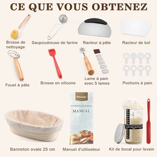 Ensemble d'outils de boulangerie pour pain au levain.