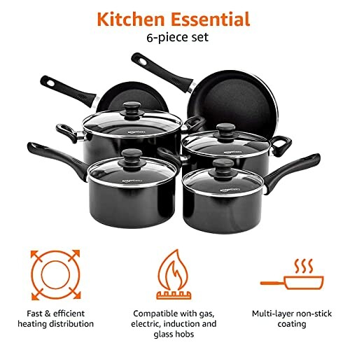 Ensemble de 6 pièces de casseroles et poêles noires.