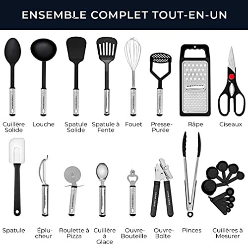 Ensemble d'ustensiles de cuisine avec louche, spatules, fouet, presse-purée, râpe, et autres outils.
