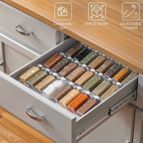 Tiroir de cuisine organisé avec pots à épices.