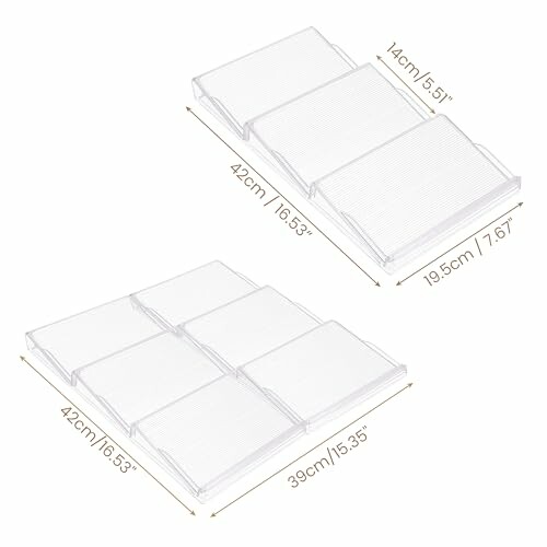 Organisateurs transparents pour réfrigérateur avec dimensions.