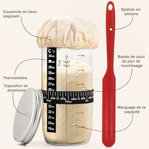 Kit de démarrage pour levain avec couvercle en tissu, thermomètre, et spatule.