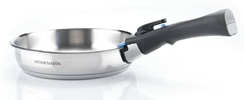Poêle à frire en acier inoxydable avec poignée noire.